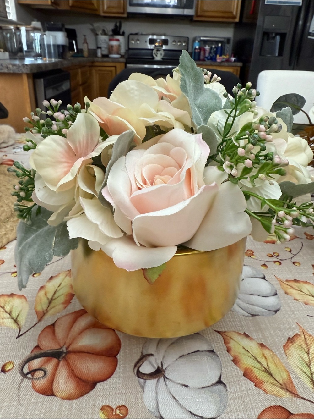 Elegant Faux Rose Floral Arrangement in Blush and Cream with Gold Planter